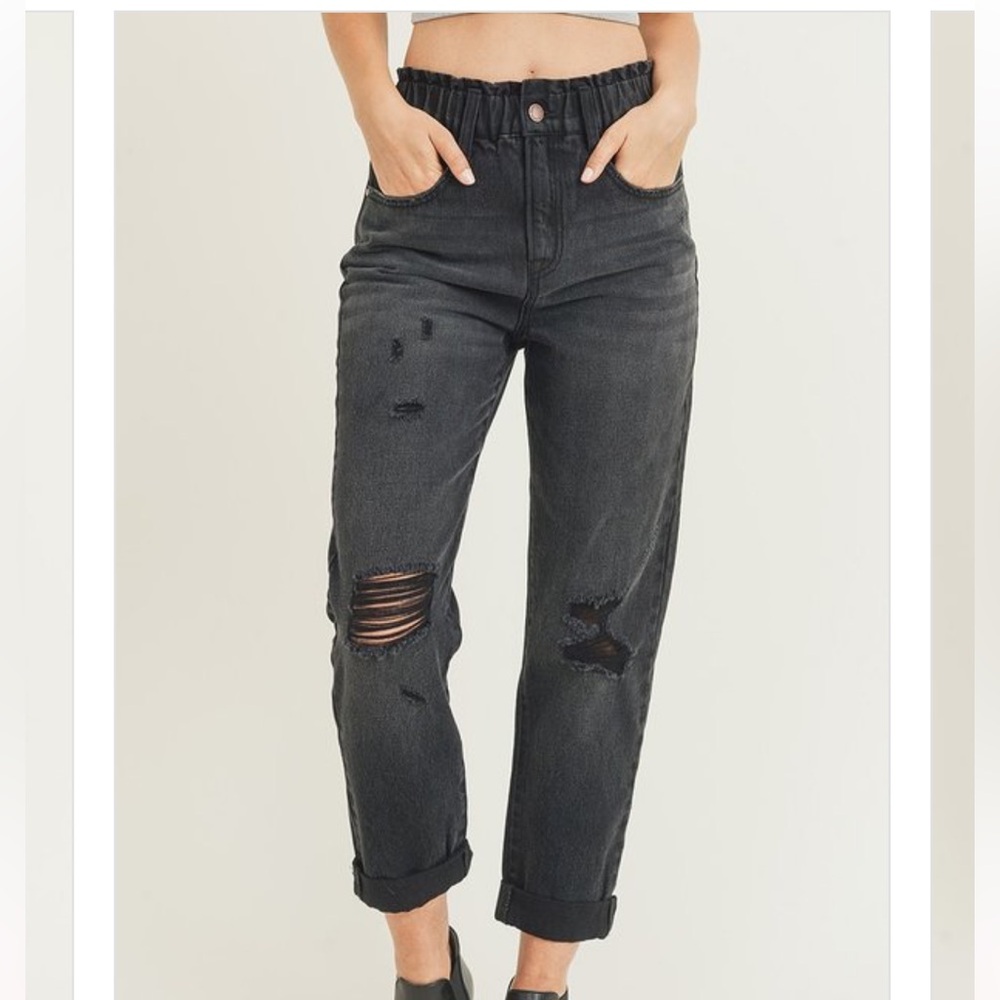 Risen High Rise Elastic Waisted Distressed Mom Jean